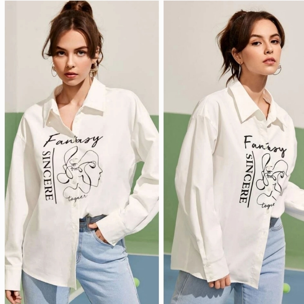 SHEIN Figure & Letter Graphic Drop Shoulder White Button Down Size M